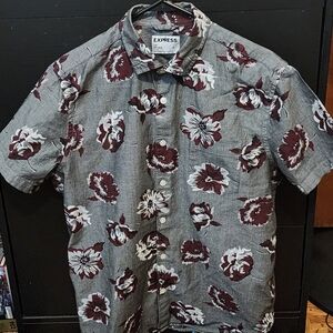 Express Dress Shirt Mens Large Gray Red Floral Slim Soft Wash Hawaiian Button Up